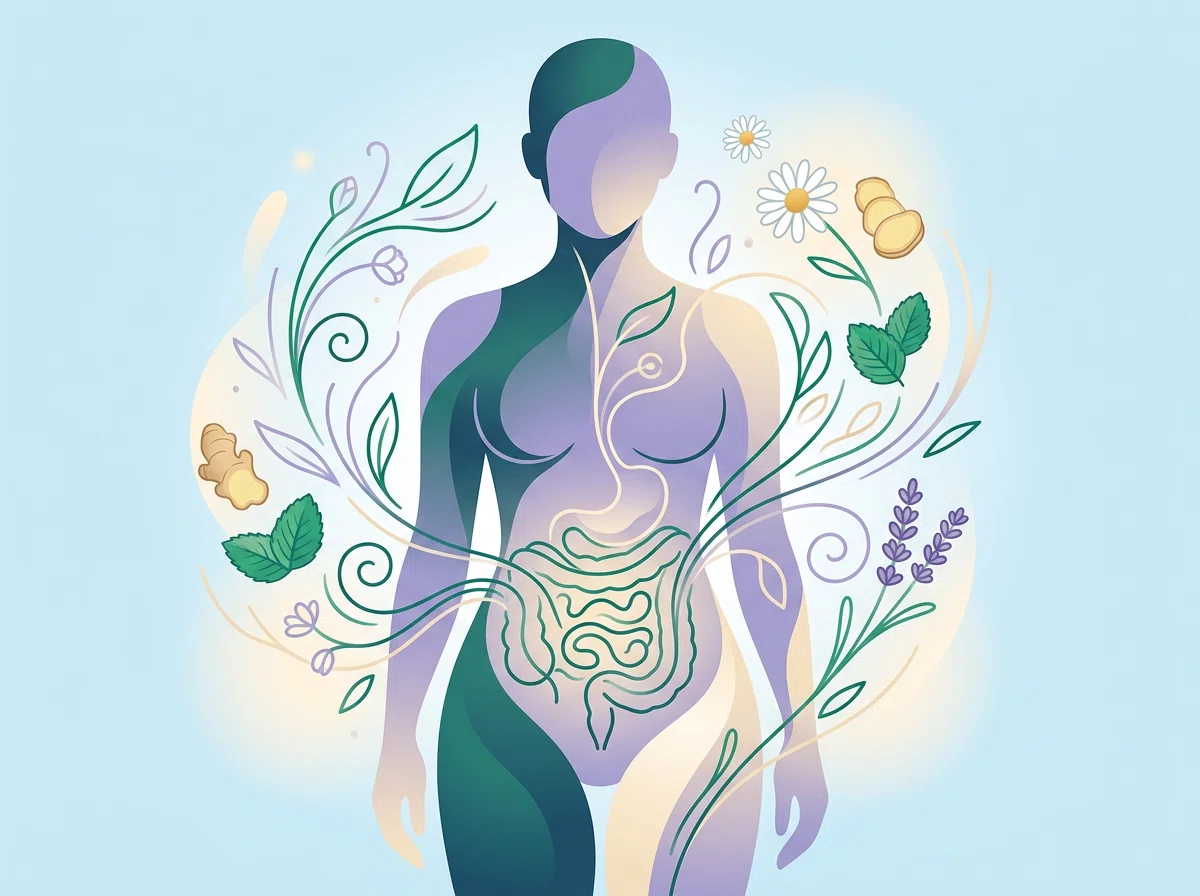 Abstracte illustratie van botanische extracten en spijsverteringsproces &mdash; stijlvolle wellnessafbeelding